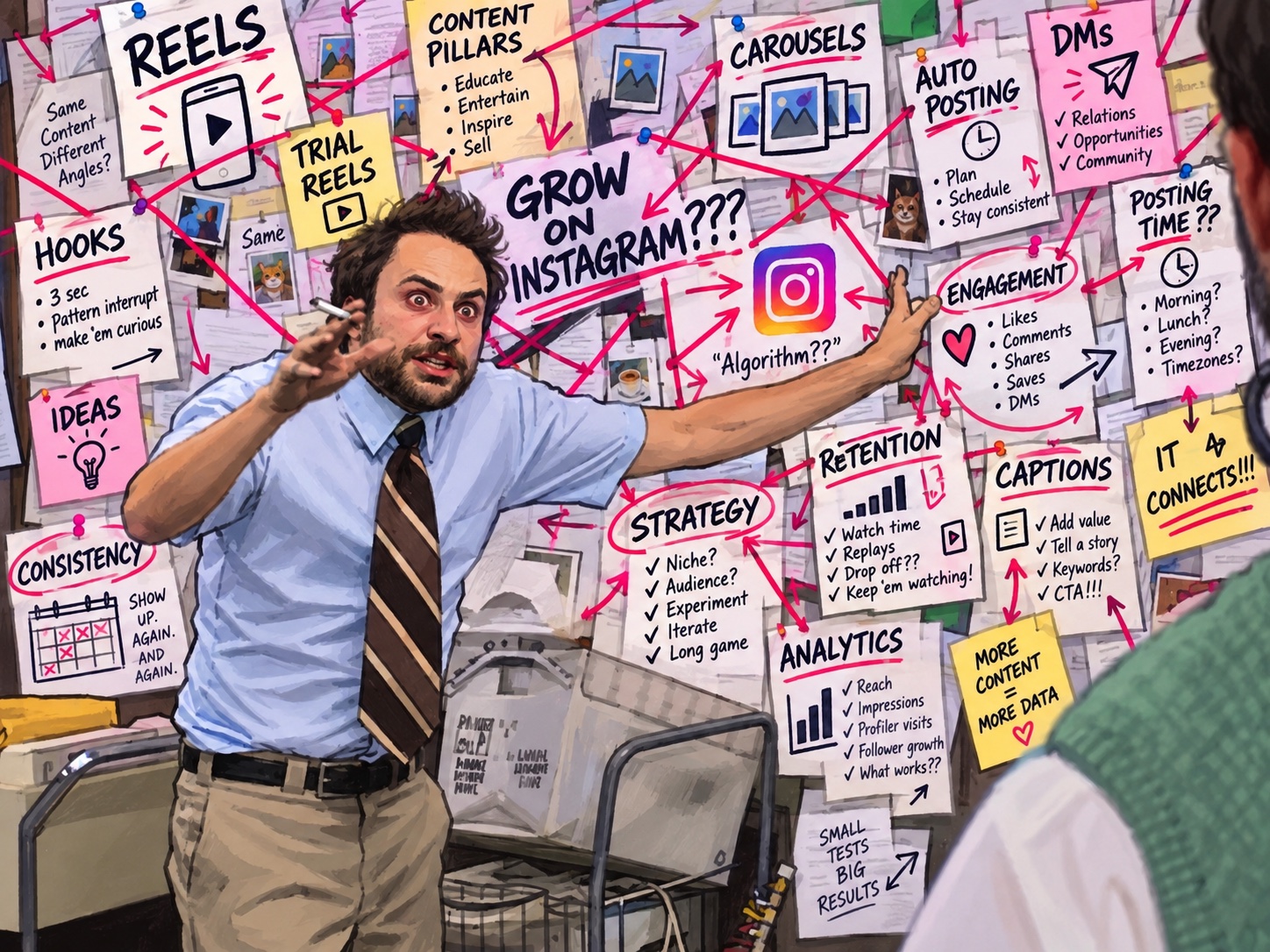 A playful illustration of an overwhelmed creator trying to connect hooks, reels, content ideas, and analytics with red string on an Instagram conspiracy board